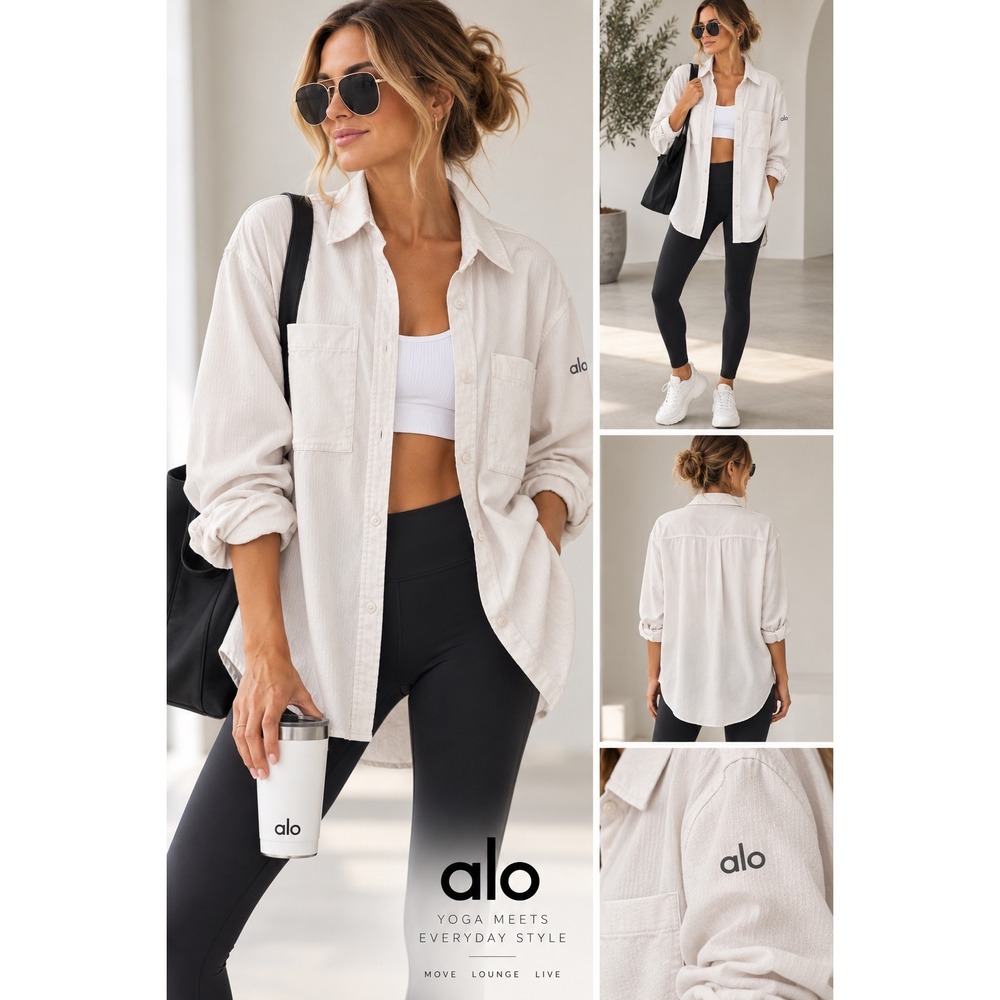ALO Yoga Dreamscape Button Down Shirt Women's Oversized White Long Sleeve